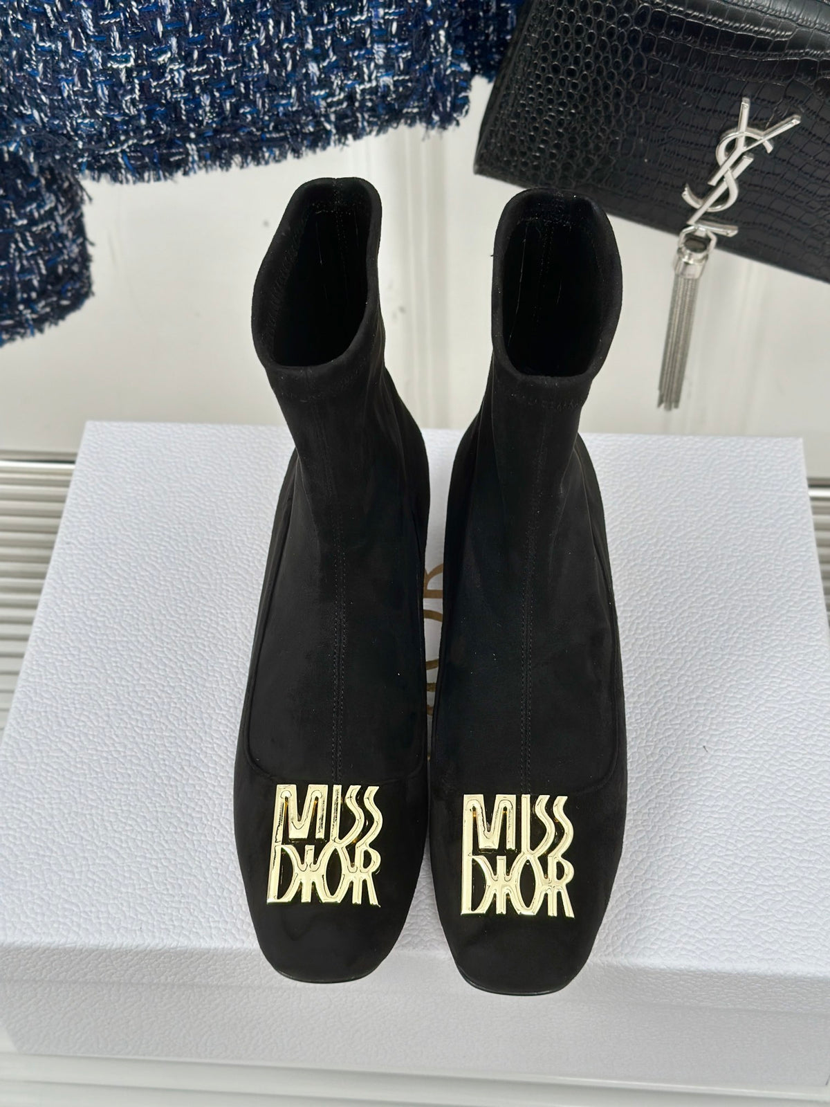 Dior Black Suede Logo Ankle Boot – Gold Heel