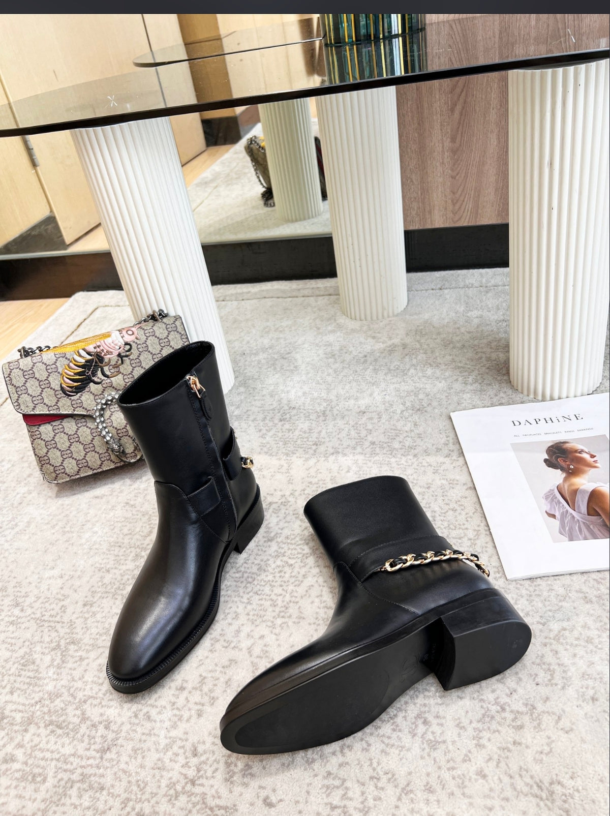 CHANEL CC CHAIN MID-CALF BOOTS – BLACK / GOLD