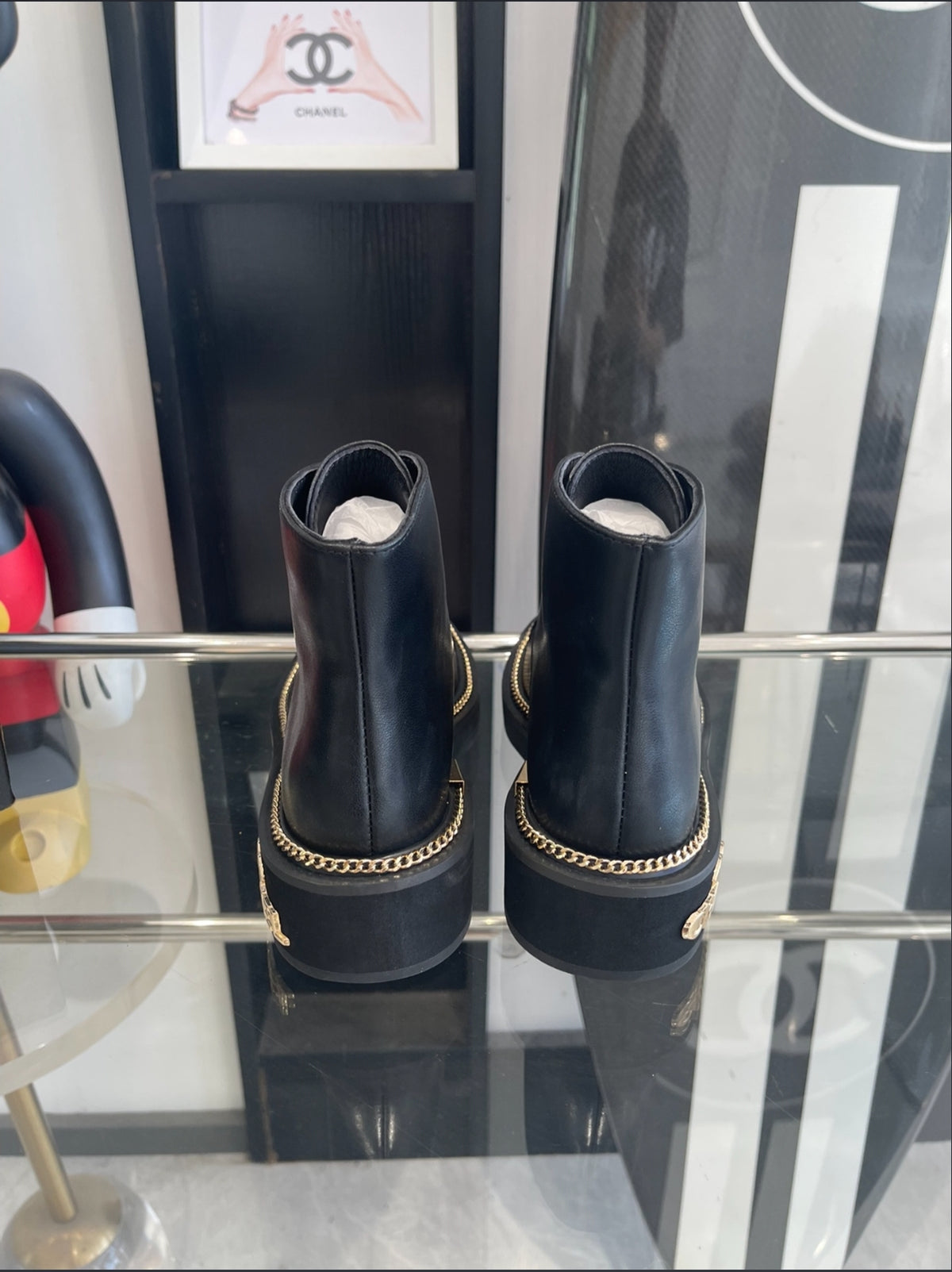 CHANEL CHAIN-TRIM LACE-UP ANKLE BOOTS – BLACK / GOLD