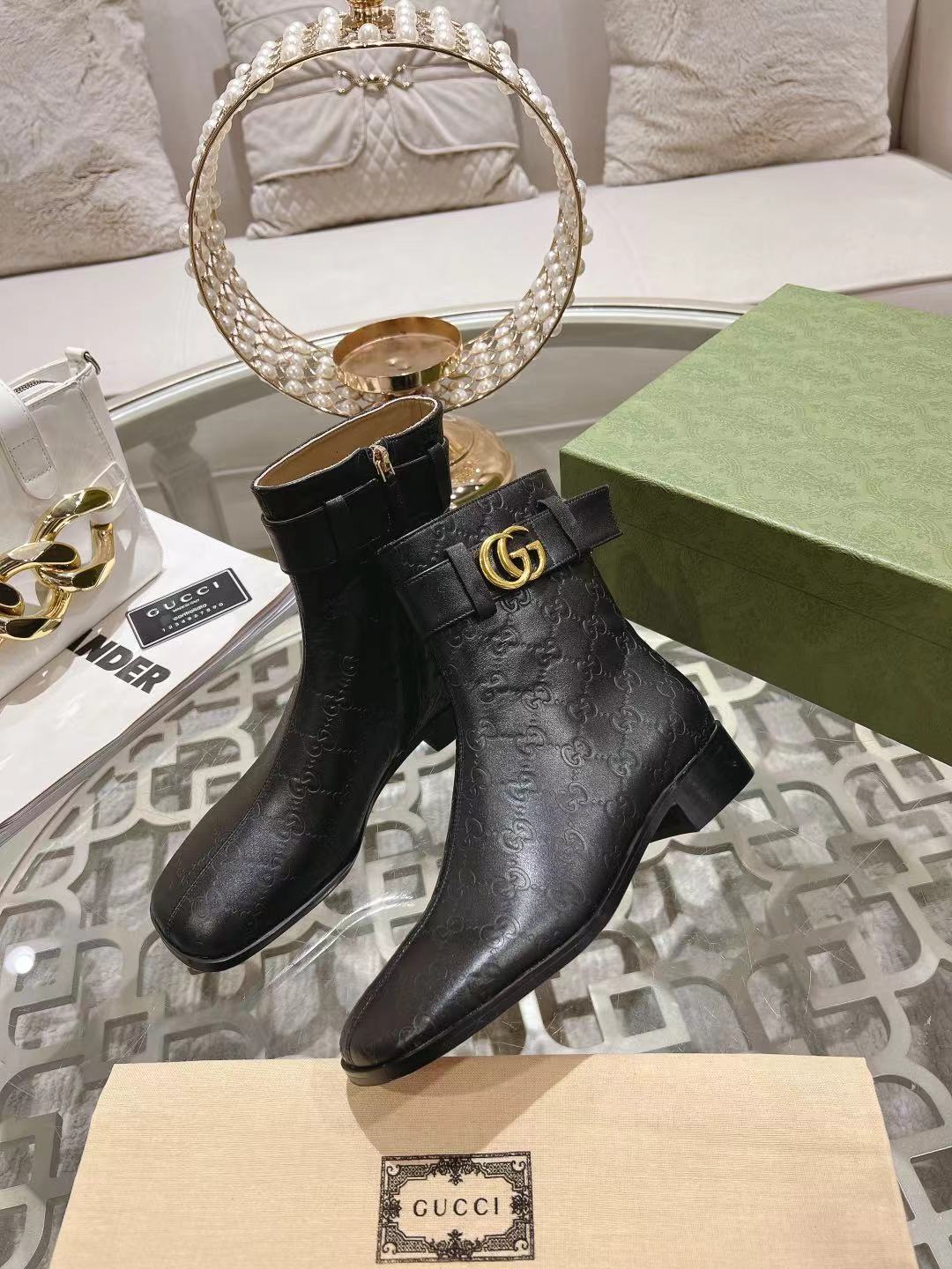 GUCCI MICRO GG DOUBLE G ANKLE BOOTS – BLACK / GOLD