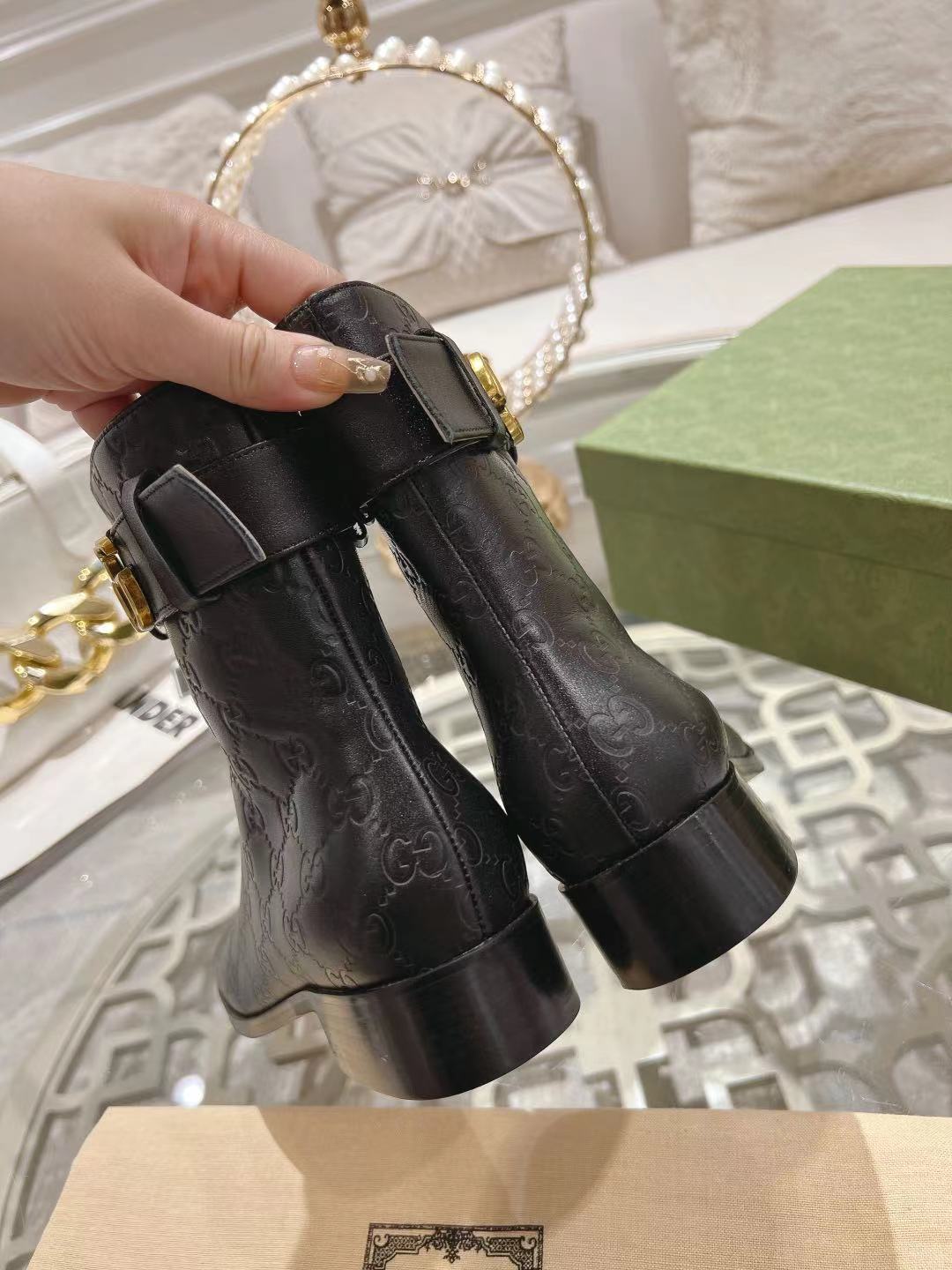 GUCCI MICRO GG DOUBLE G ANKLE BOOTS – BLACK / GOLD