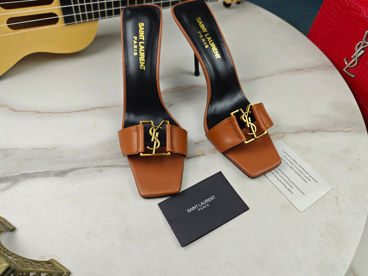 SAINT LAURENT CASSANDRE MULES – BROWN / GOLD