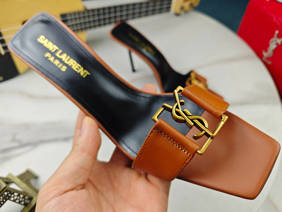 SAINT LAURENT CASSANDRE MULES – BROWN / GOLD