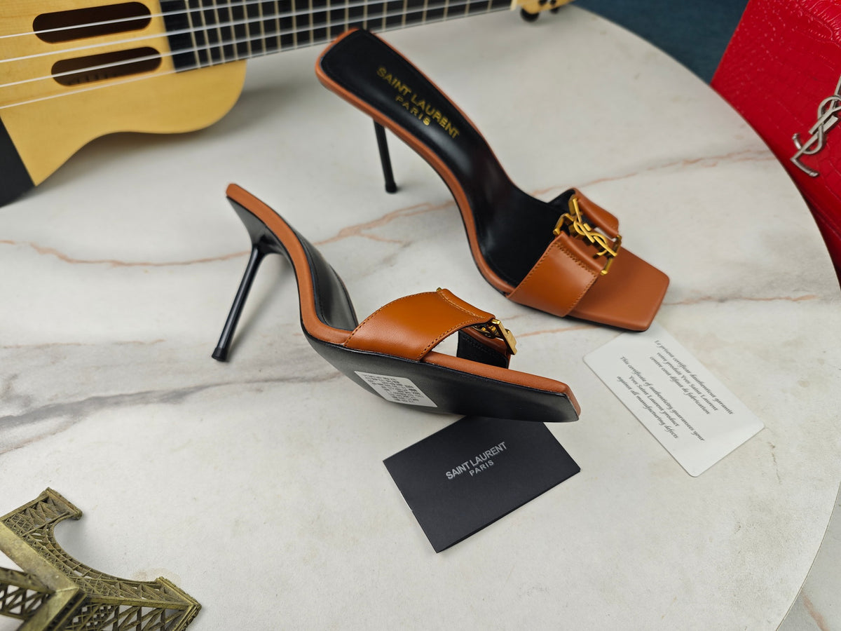 SAINT LAURENT CASSANDRE MULES – BROWN / GOLD