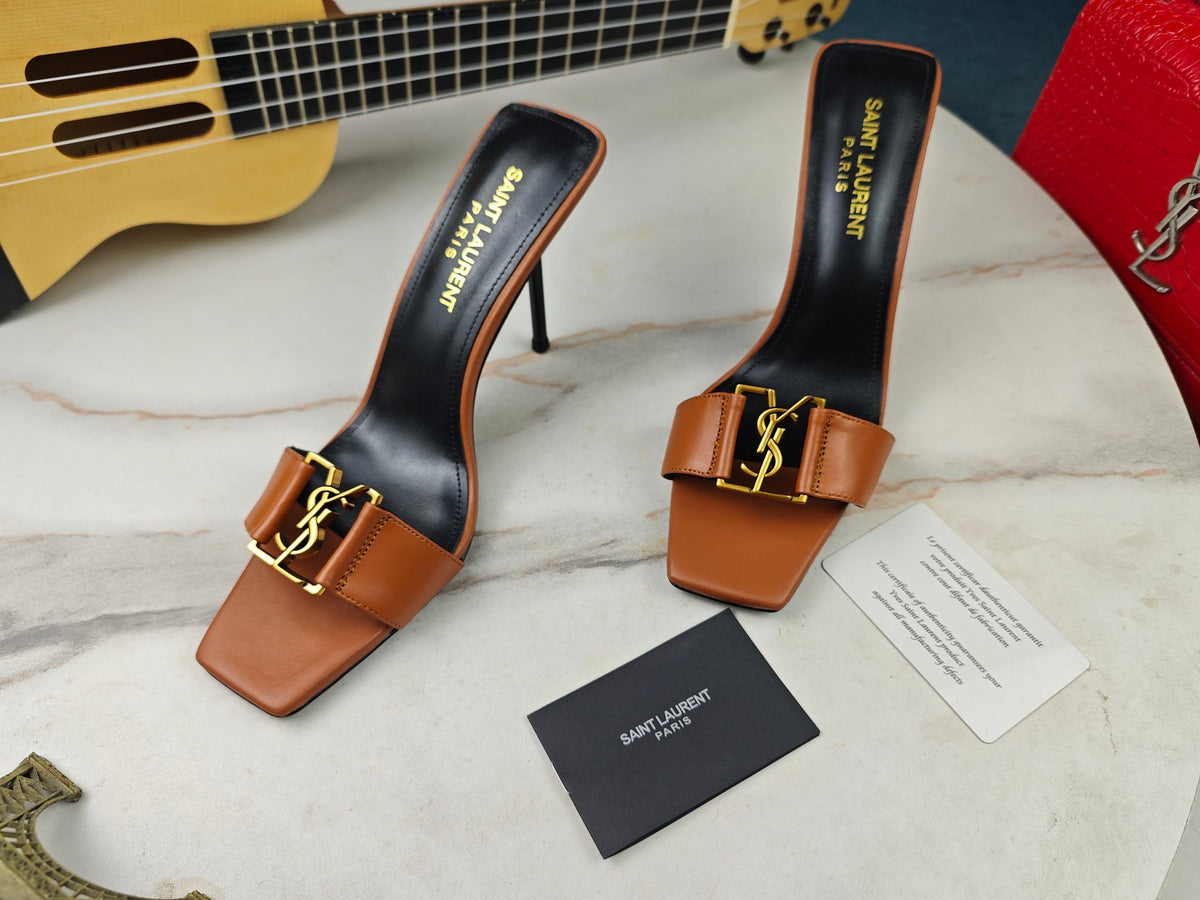 SAINT LAURENT CASSANDRE MULES – BROWN / GOLD