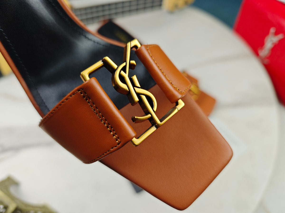 SAINT LAURENT CASSANDRE MULES – BROWN / GOLD