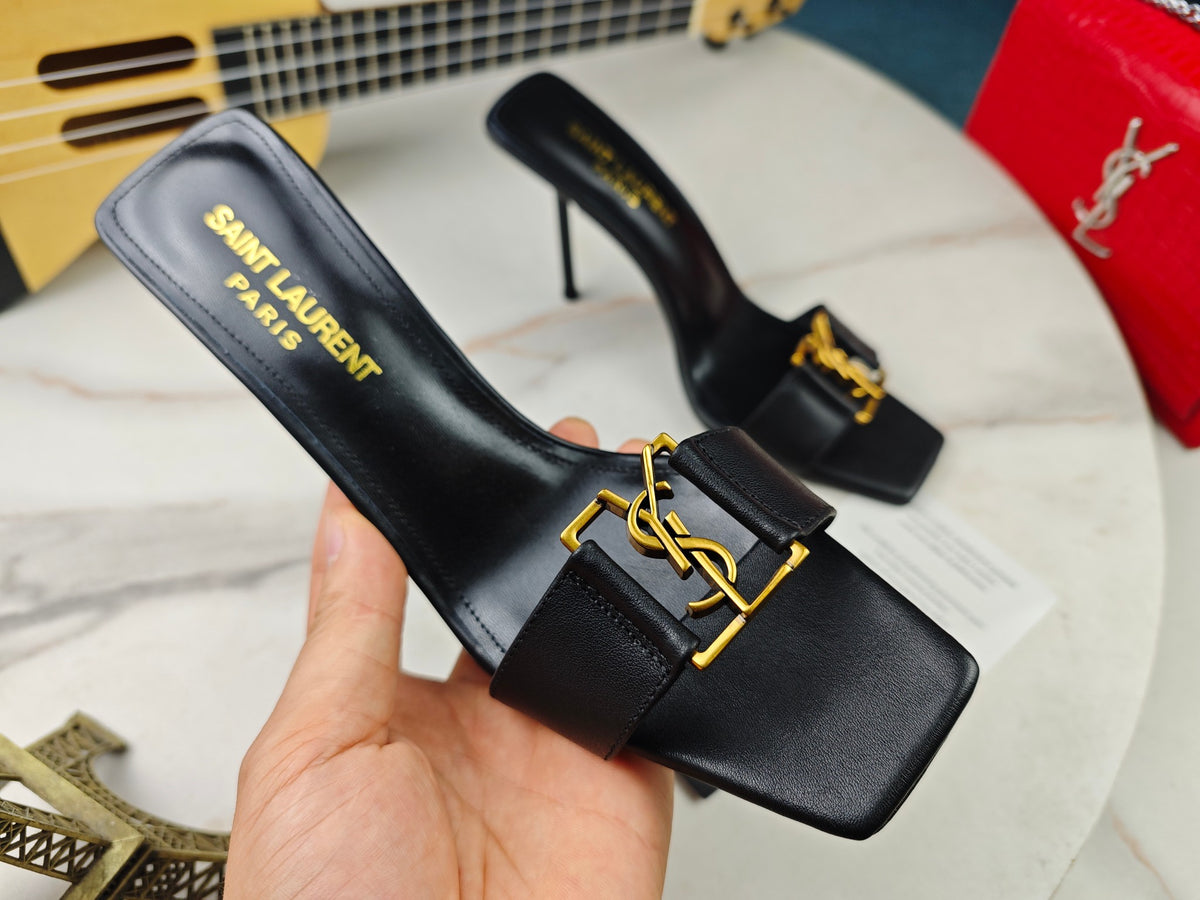 SAINT LAURENT CASSANDRE MULES – BLACK / GOLD