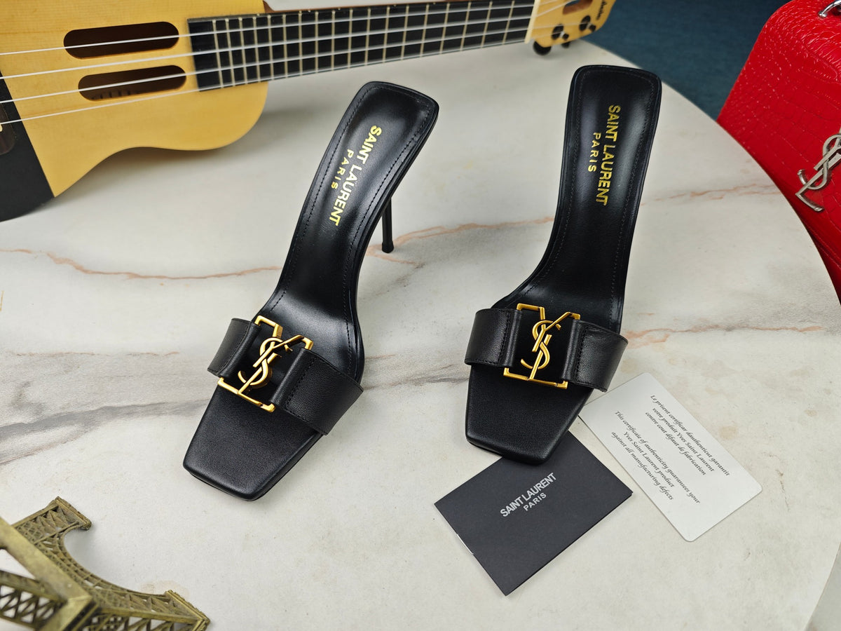 SAINT LAURENT CASSANDRE MULES – BLACK / GOLD