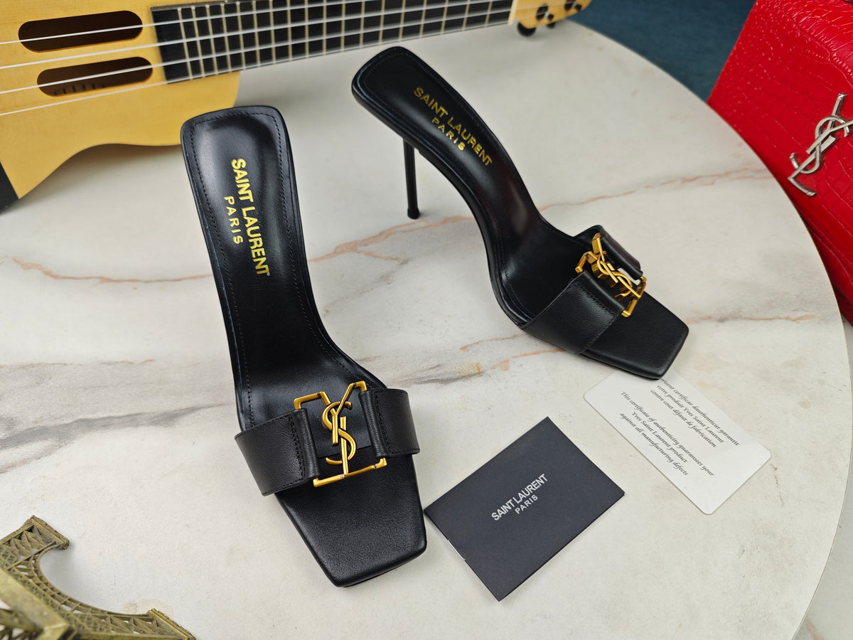 SAINT LAURENT CASSANDRE MULES – BLACK / GOLD