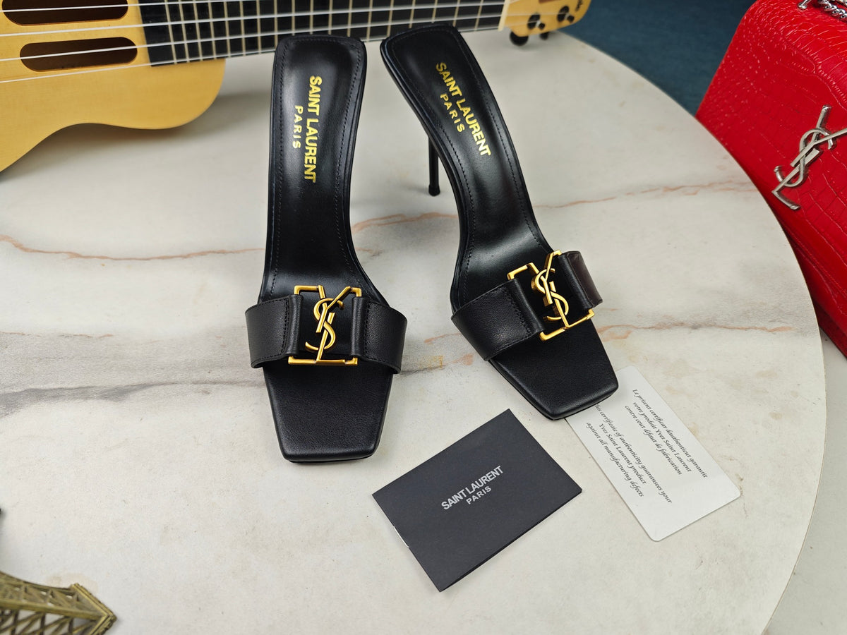 SAINT LAURENT CASSANDRE MULES – BLACK / GOLD