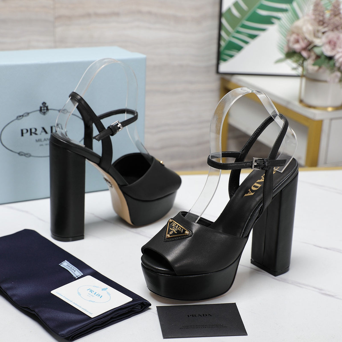 PRADA TRIANGLE PLATFORM SANDALS – BLACK
