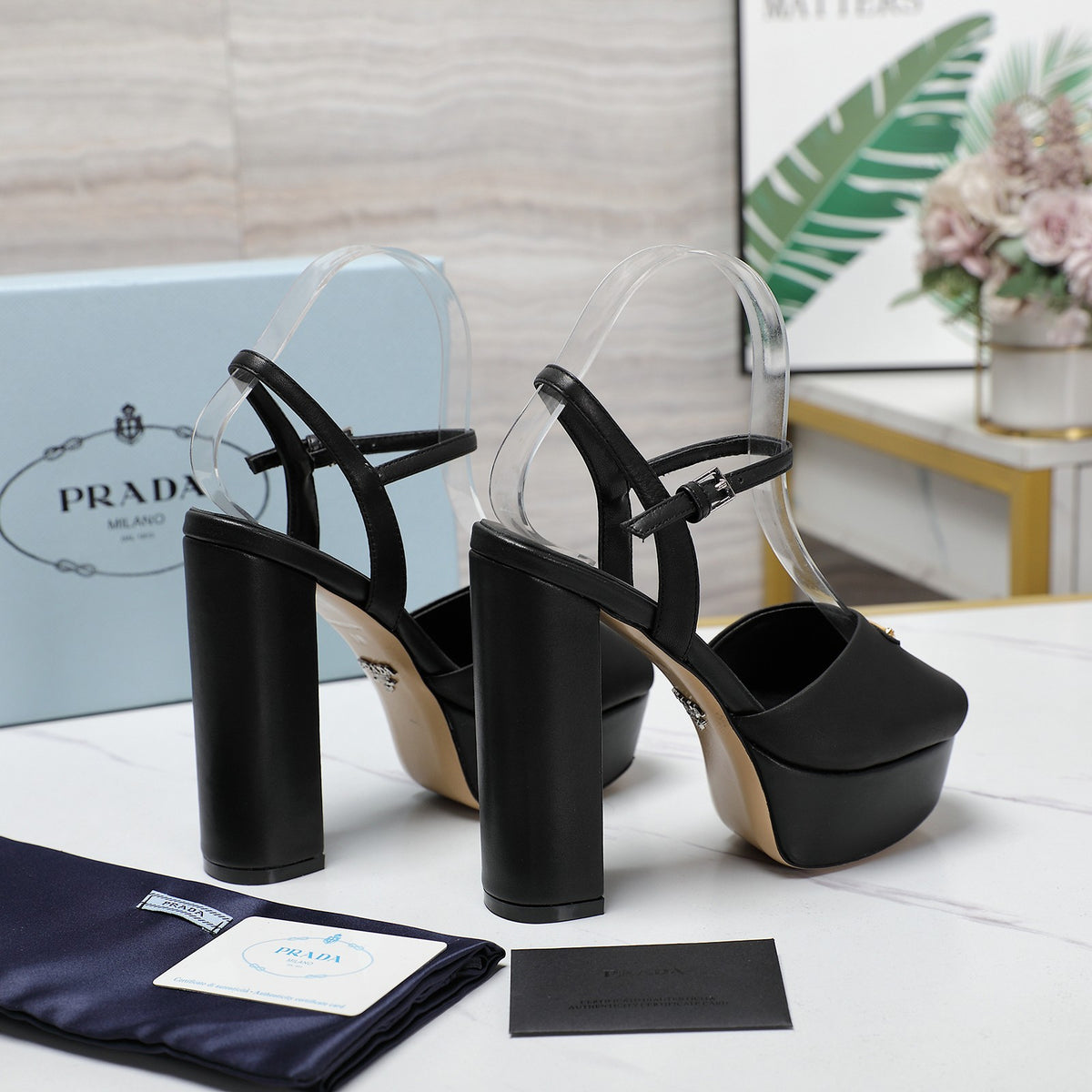 PRADA TRIANGLE PLATFORM SANDALS – BLACK