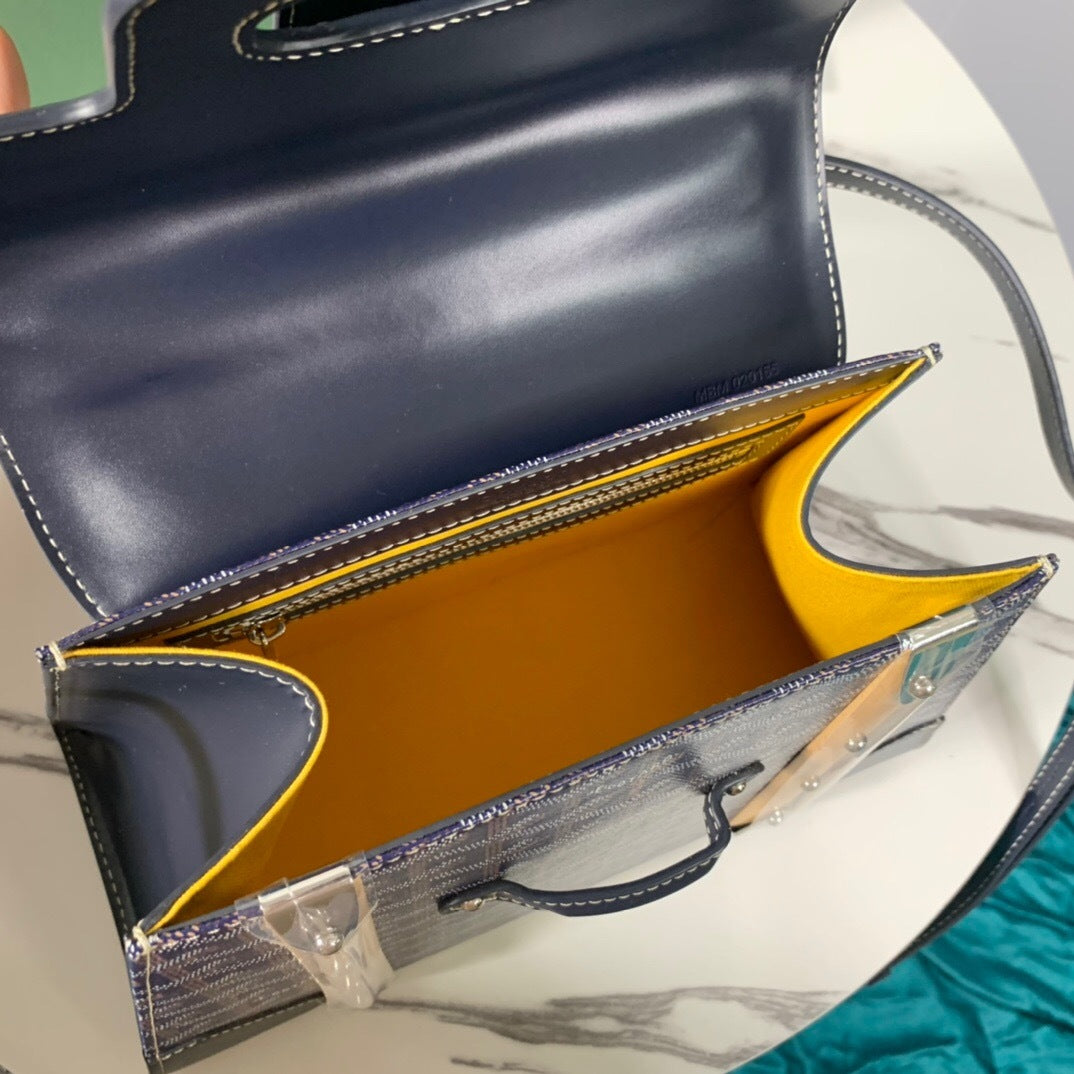 Goyard Saïgon Structuré – Azul-Marinho com Pega em Madeira