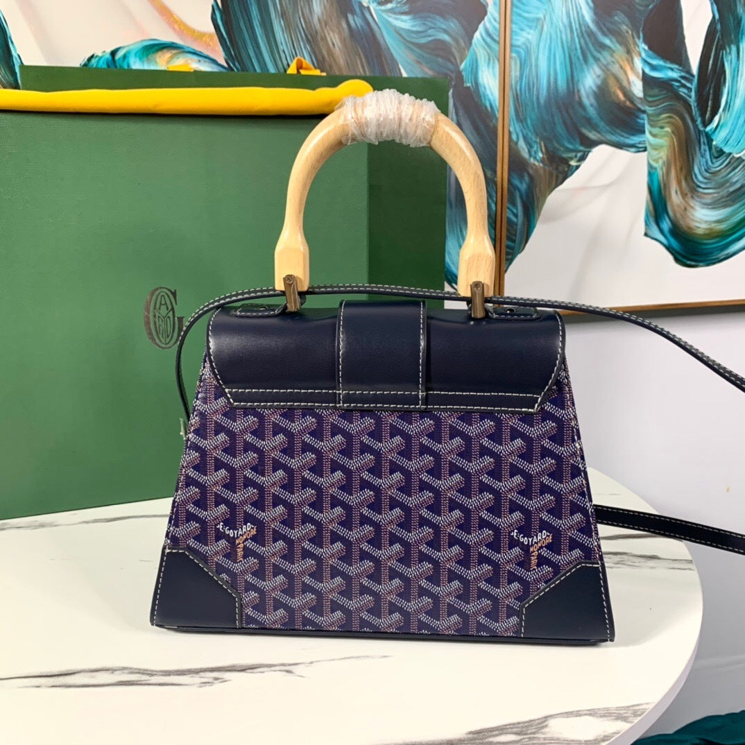 Goyard Saïgon Structuré – Azul-Marinho com Pega em Madeira