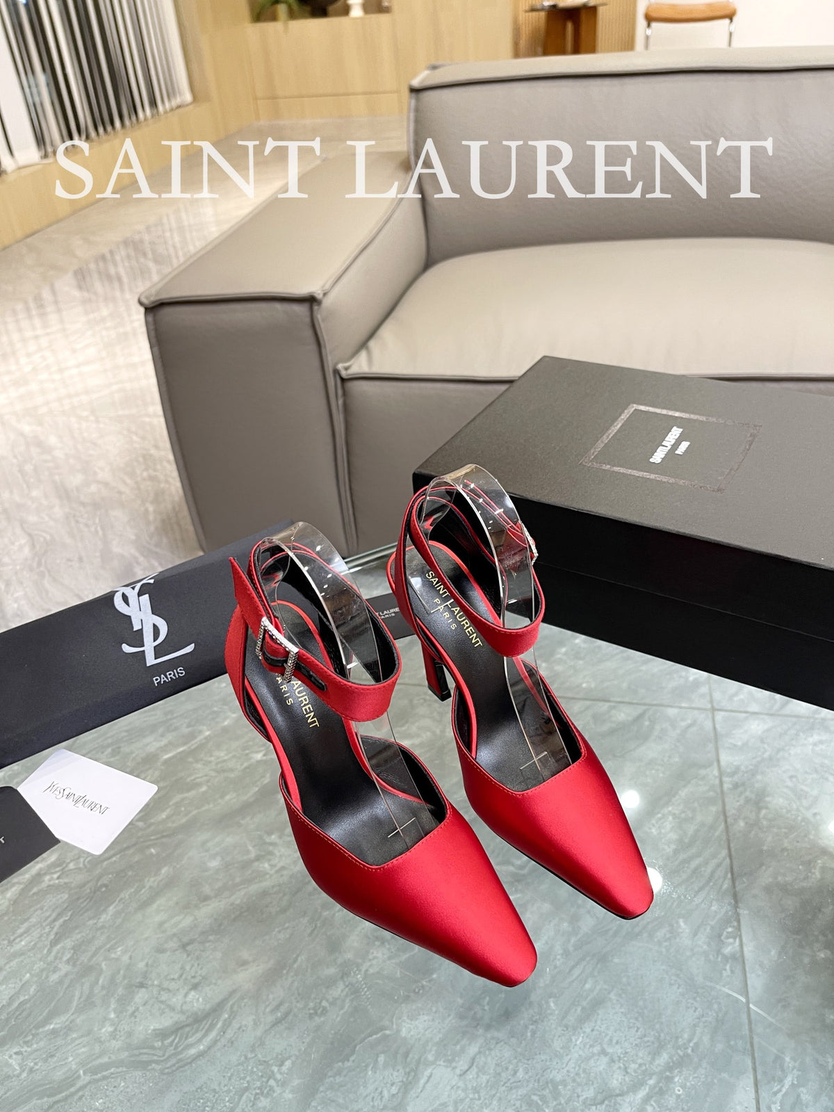 SAINT LAURENT Crystal Buckle Ankle-Strap Pumps