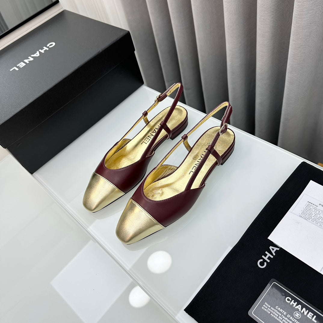 CHANEL Two-Tone Slingback Burgundy & Gold