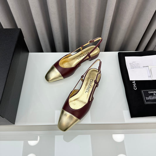 CHANEL Two-Tone Slingback Burgundy & Gold