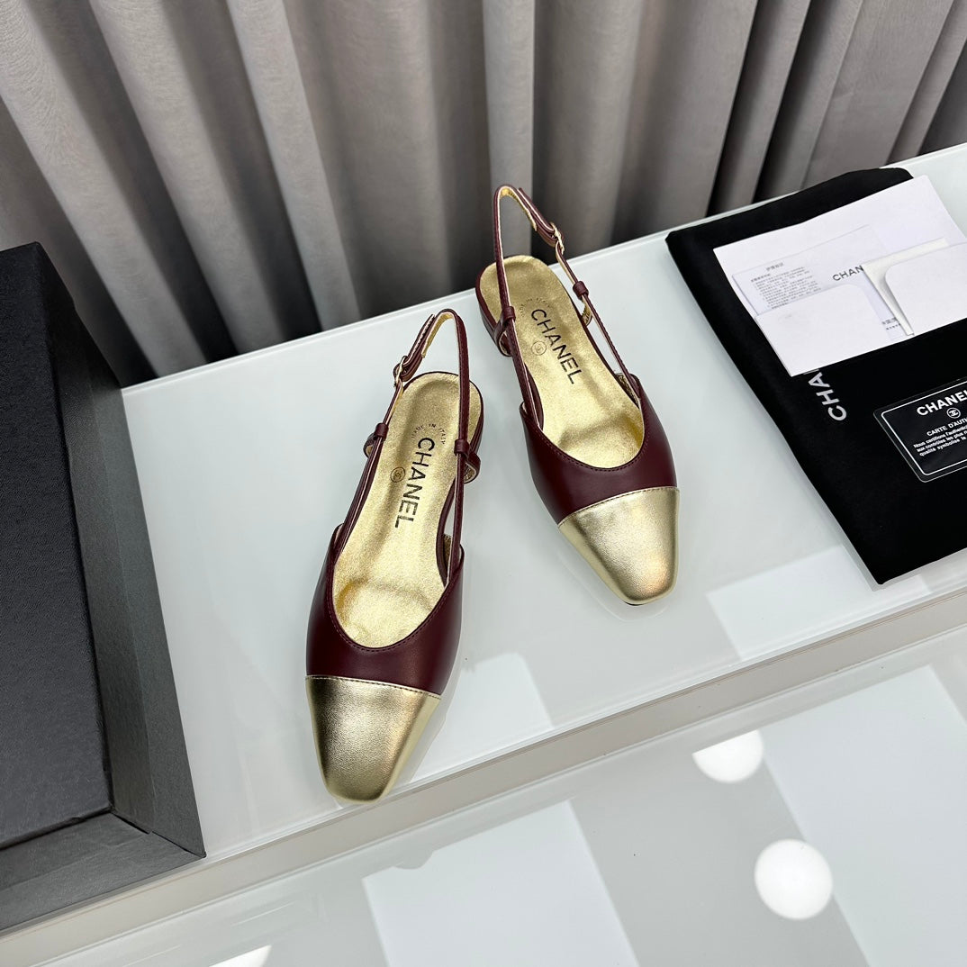 CHANEL Two-Tone Slingback Burgundy & Gold