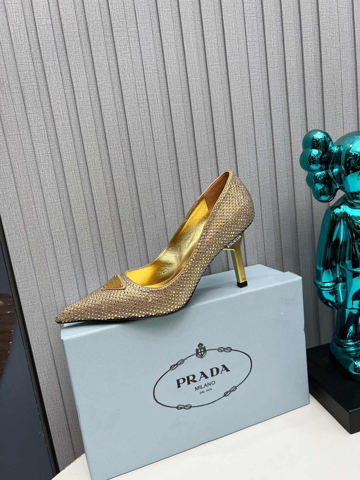 PRADA CRYSTAL POINTED-TOE PUMPS – GOLD