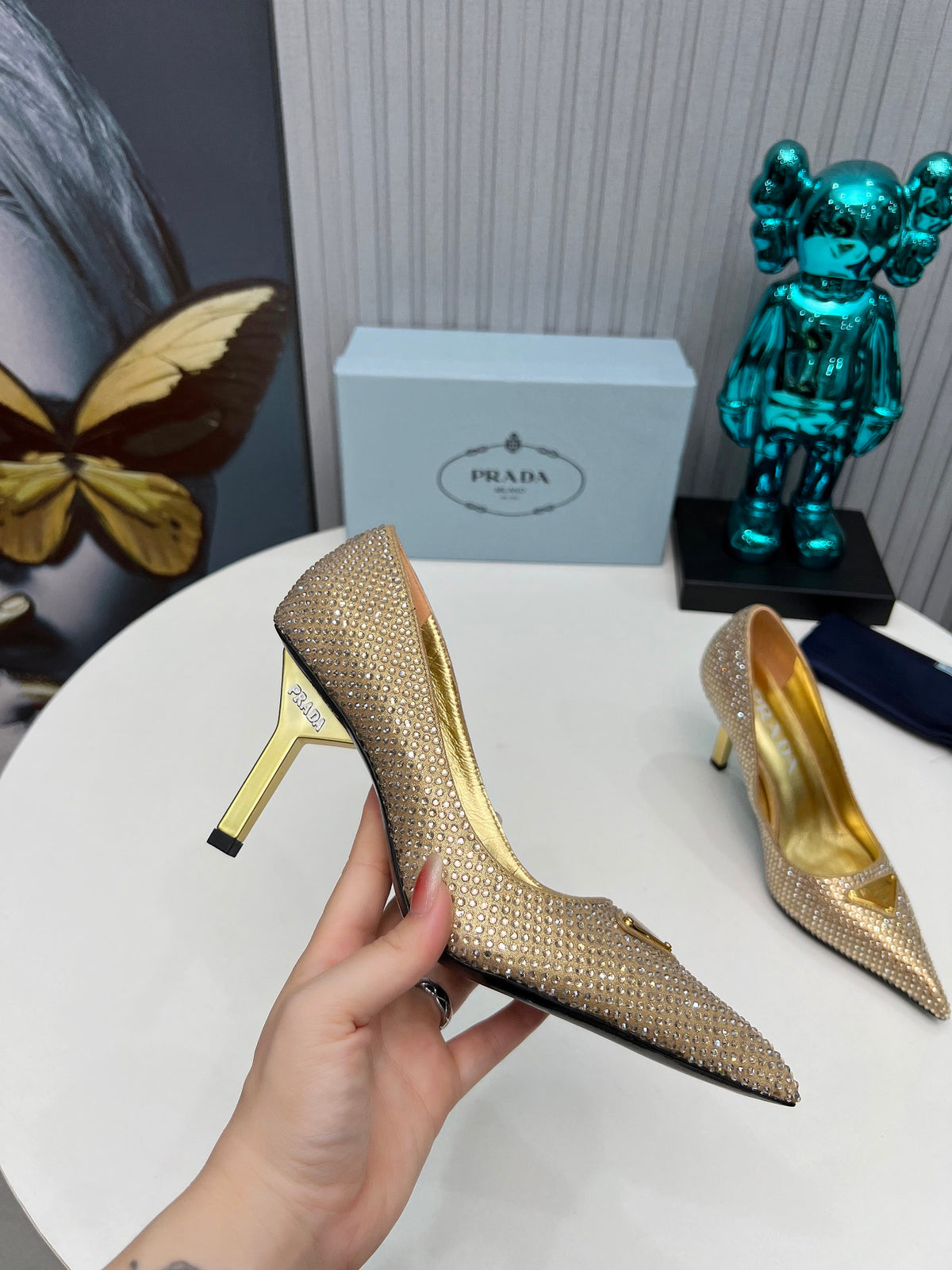 PRADA CRYSTAL POINTED-TOE PUMPS – GOLD