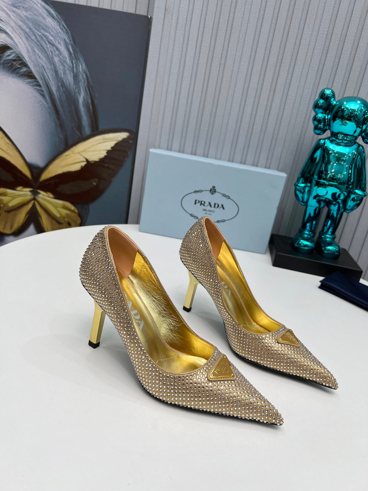 PRADA CRYSTAL POINTED-TOE PUMPS – GOLD