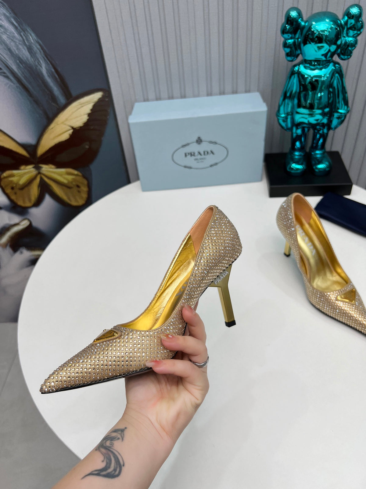 PRADA CRYSTAL POINTED-TOE PUMPS – GOLD