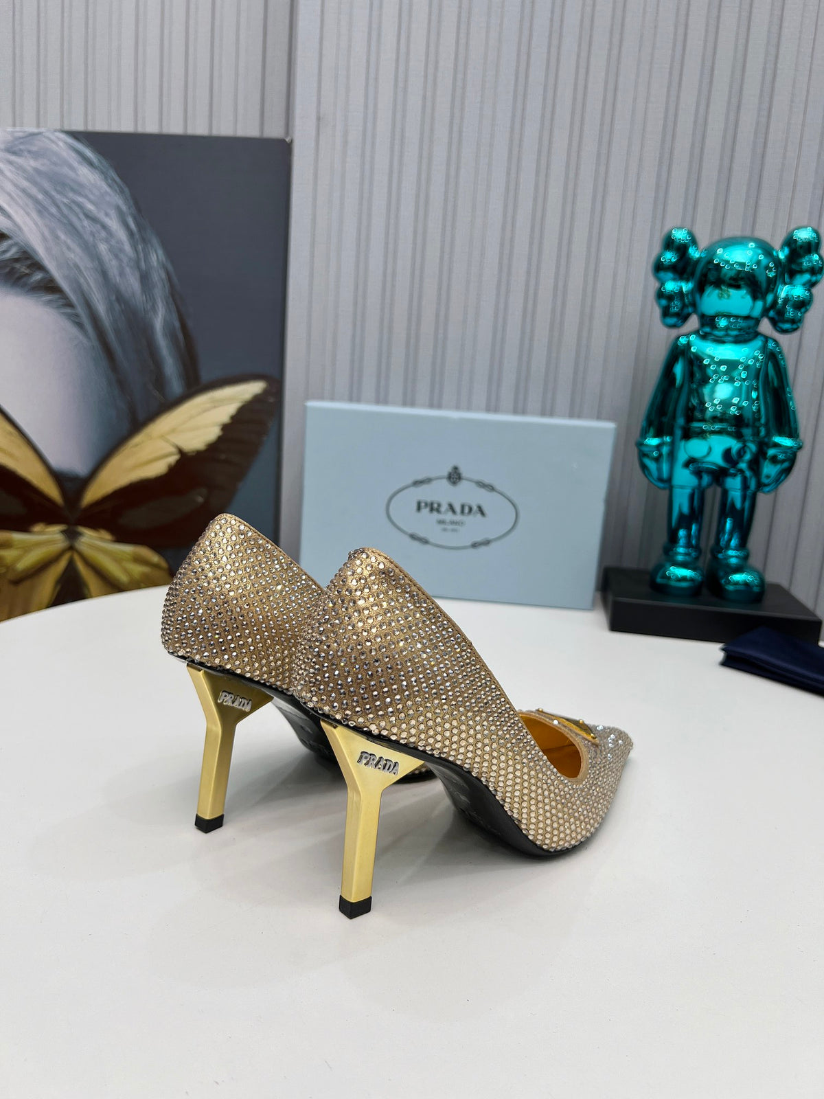 PRADA CRYSTAL POINTED-TOE PUMPS – GOLD