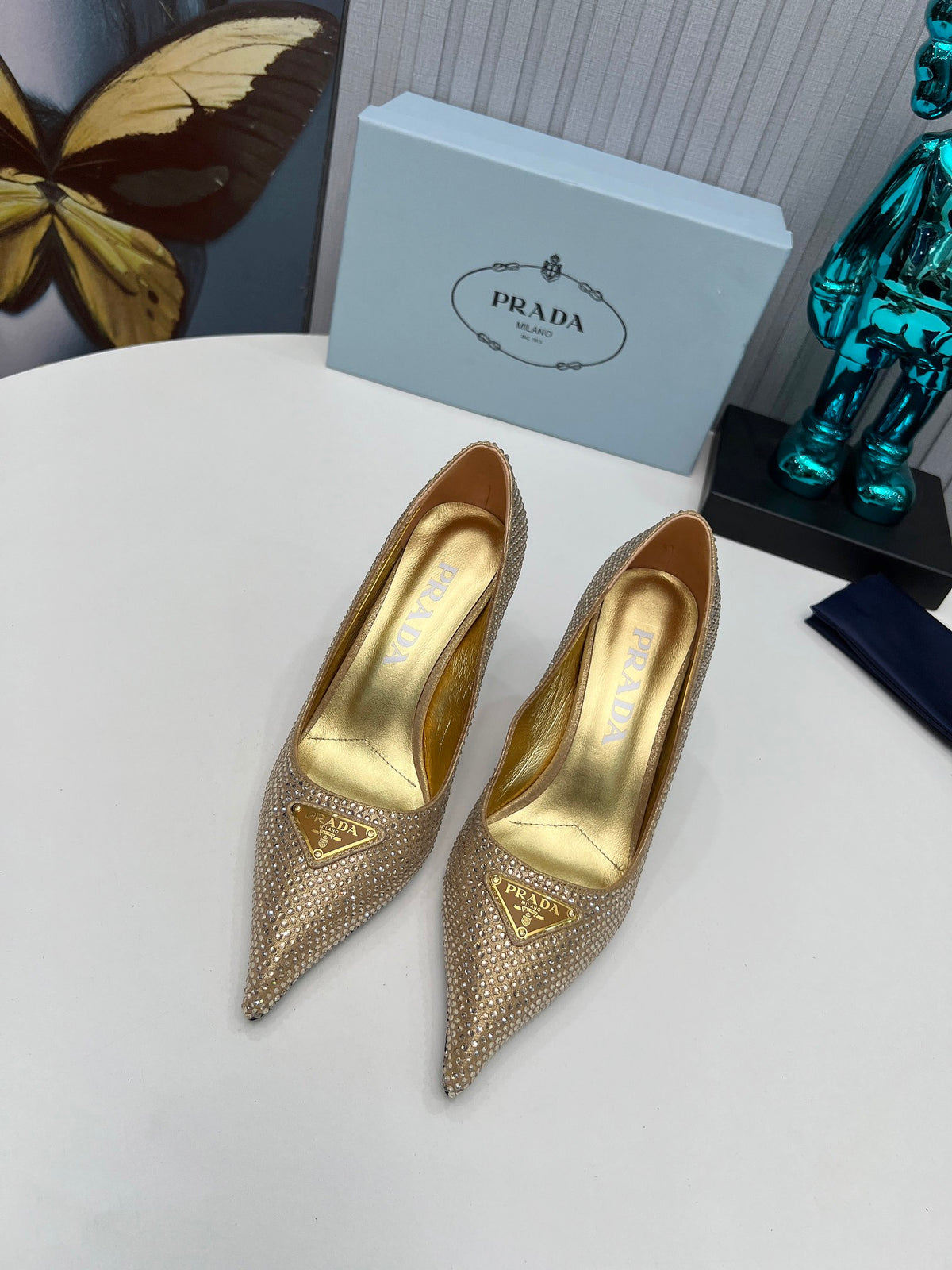 PRADA CRYSTAL POINTED-TOE PUMPS – GOLD
