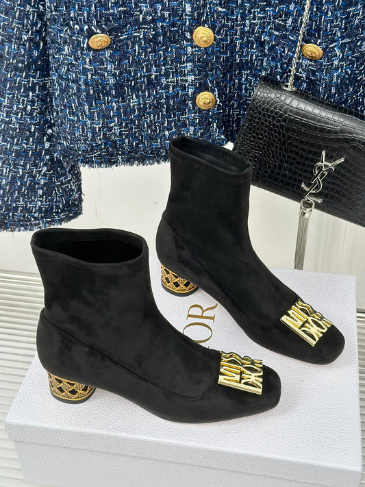 Dior Black Suede Logo Ankle Boot – Gold Heel