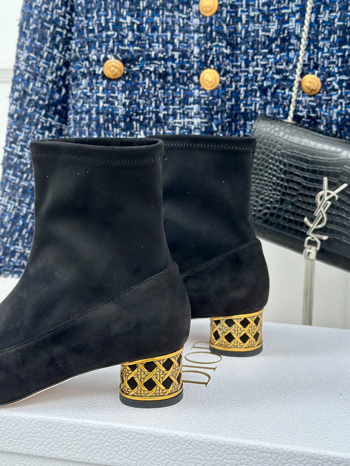Dior Black Suede Logo Ankle Boot – Gold Heel