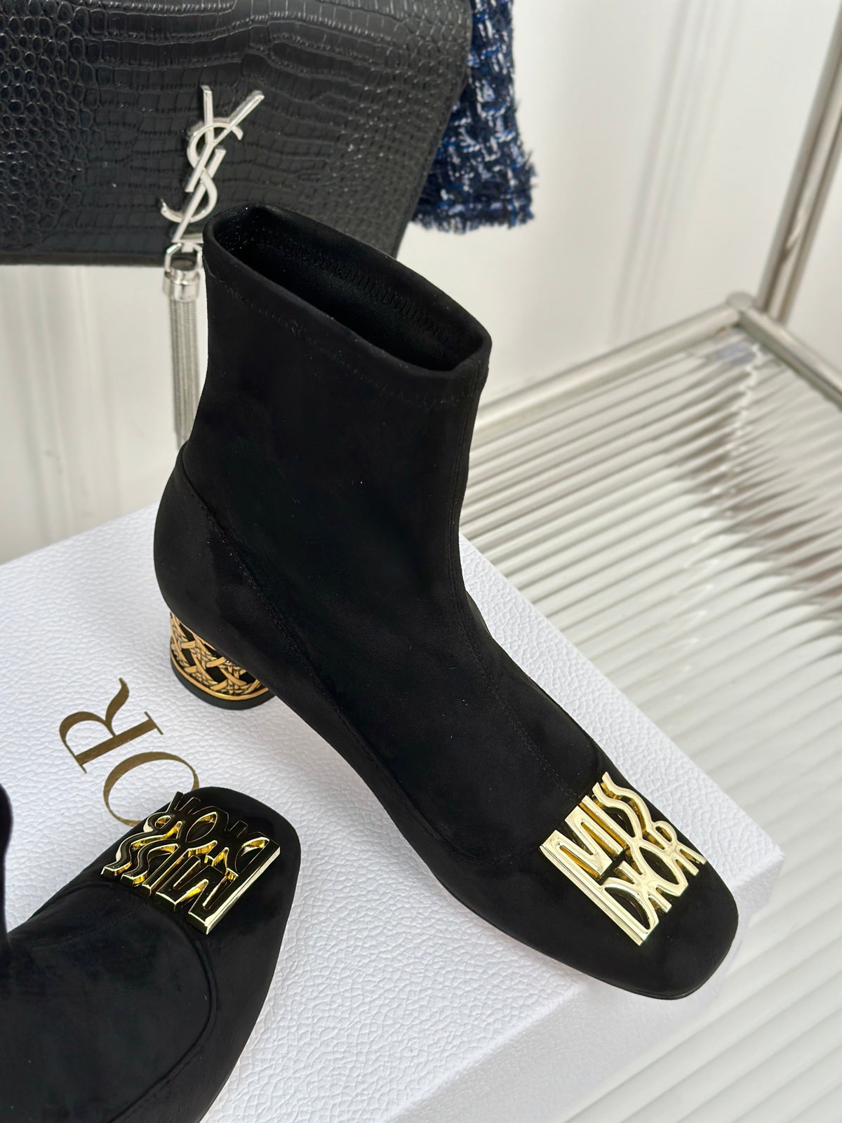 Dior Black Suede Logo Ankle Boot – Gold Heel