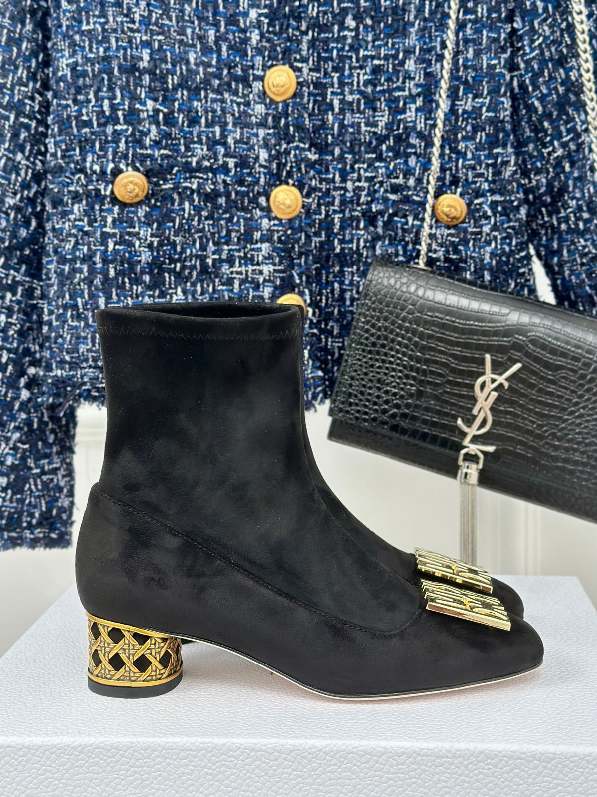 Dior Black Suede Logo Ankle Boot – Gold Heel
