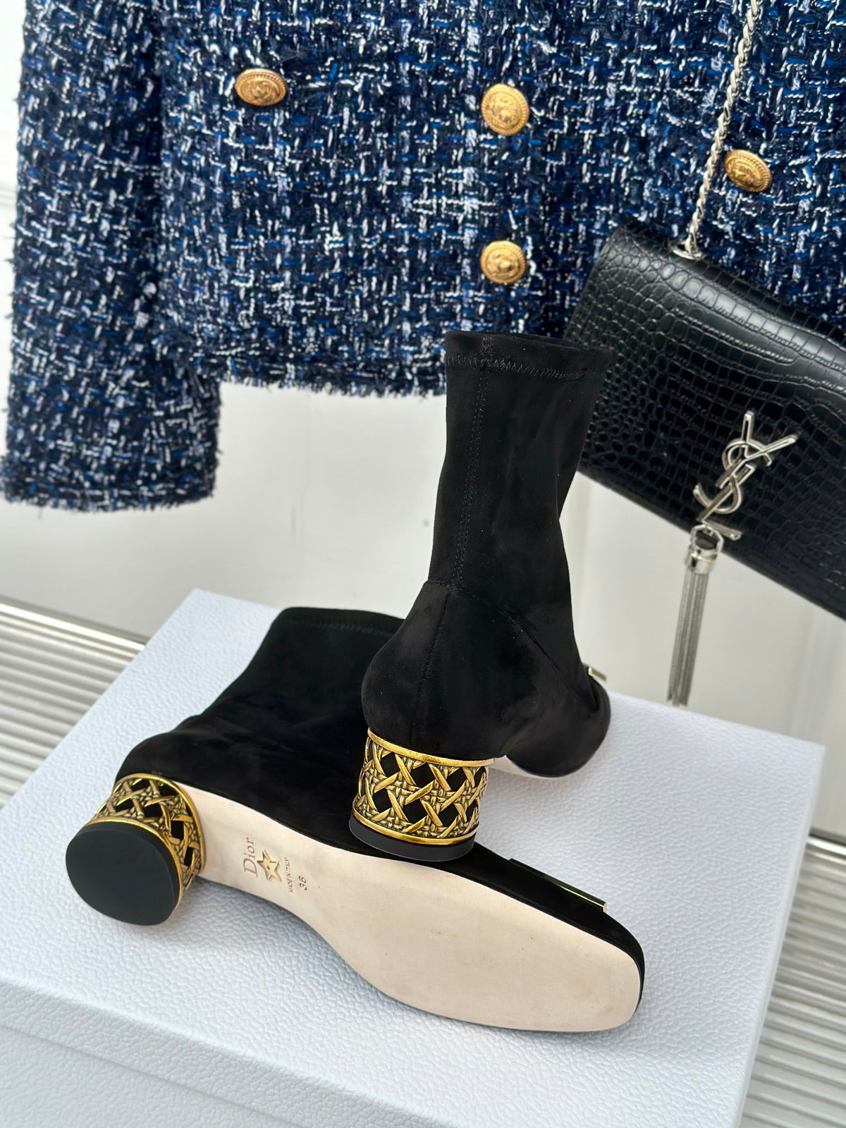 Dior Black Suede Logo Ankle Boot – Gold Heel