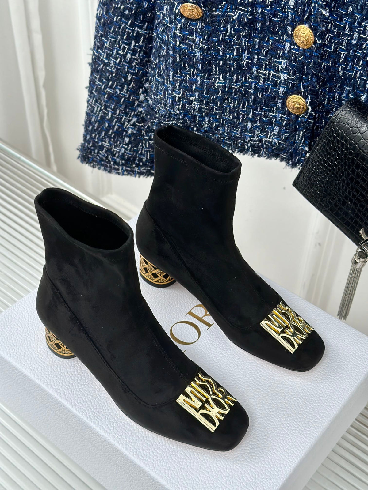 Dior Black Suede Logo Ankle Boot – Gold Heel