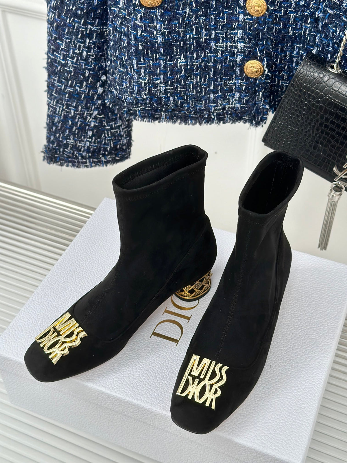 Dior Black Suede Logo Ankle Boot – Gold Heel