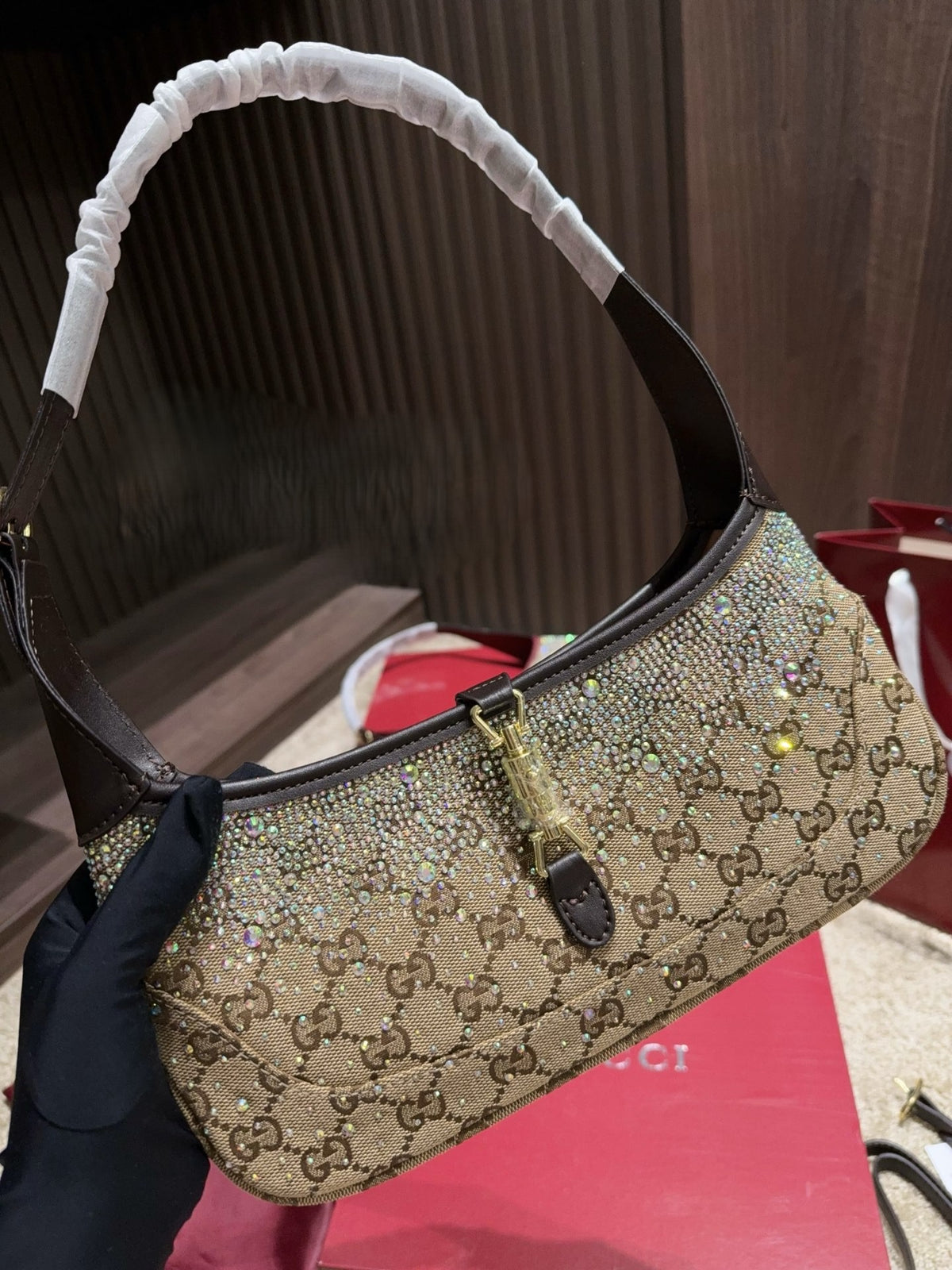 GUCCI JACKIE 1961 GG CRYSTAL – CAMEL / EBONY