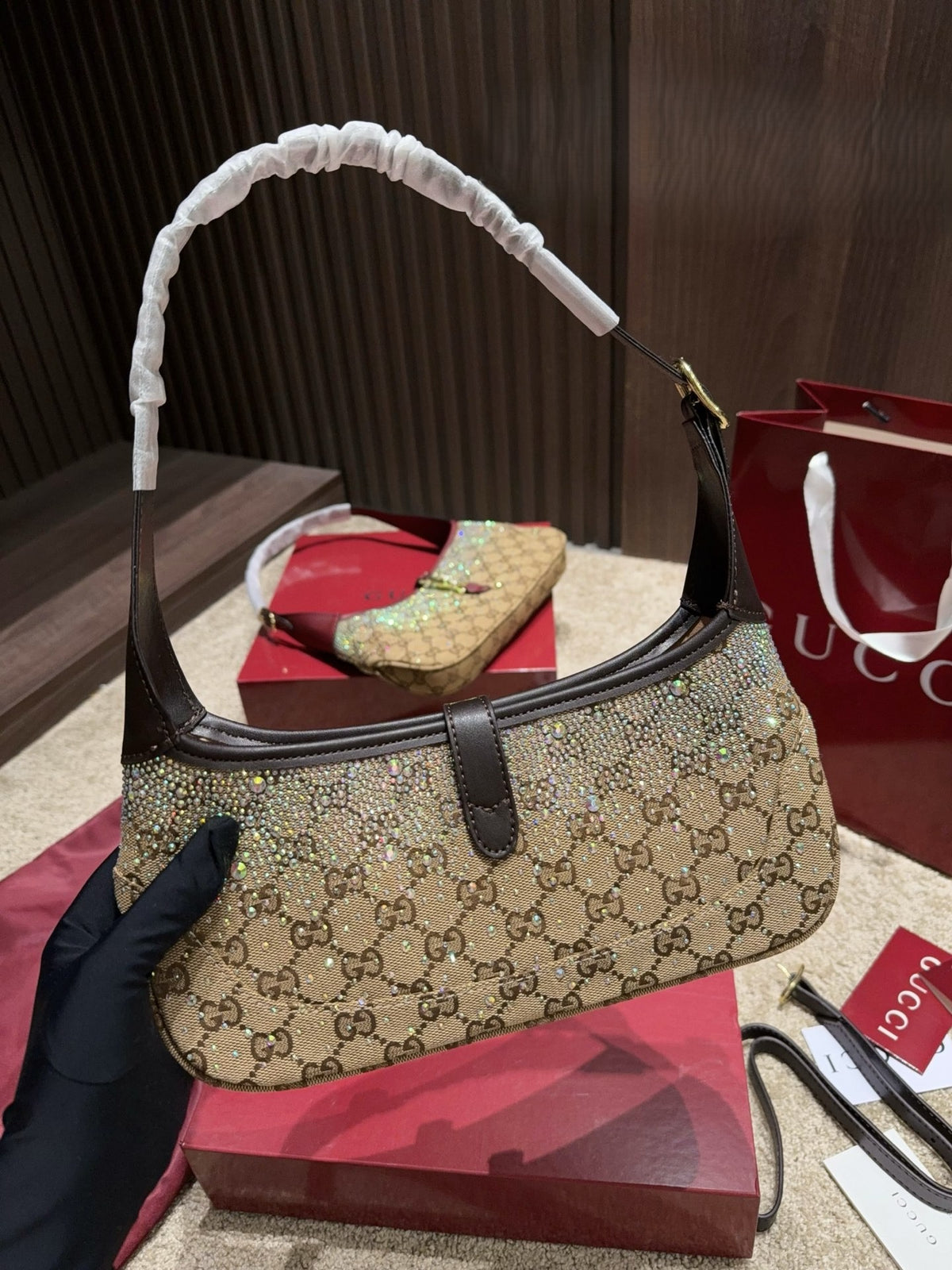 GUCCI JACKIE 1961 GG CRYSTAL – CAMEL / EBONY