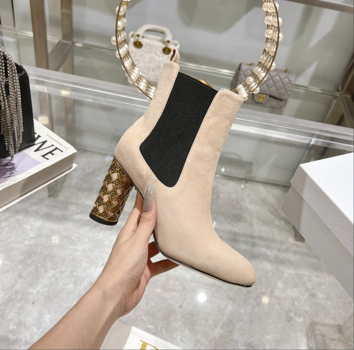 Dior Heeled Chelsea Ankle Boots – Beige Suede / Gold