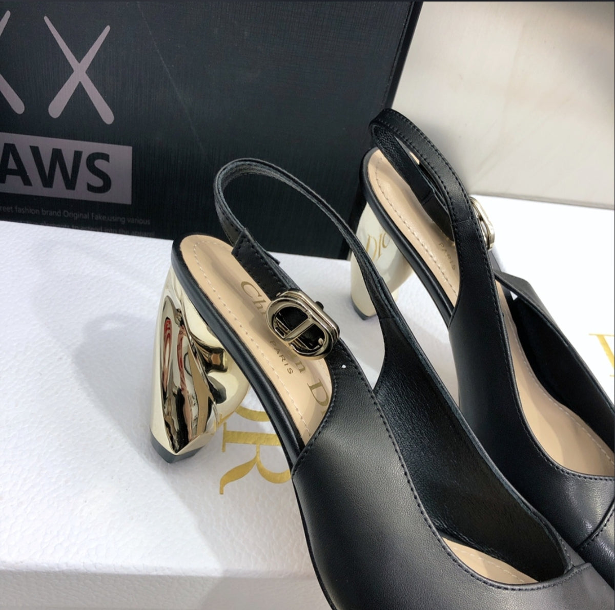Dior Black Slingback Pump – Sculptural Gold Heel