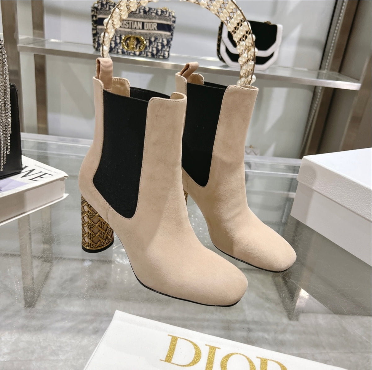 Dior Heeled Chelsea Ankle Boots – Beige Suede / Gold