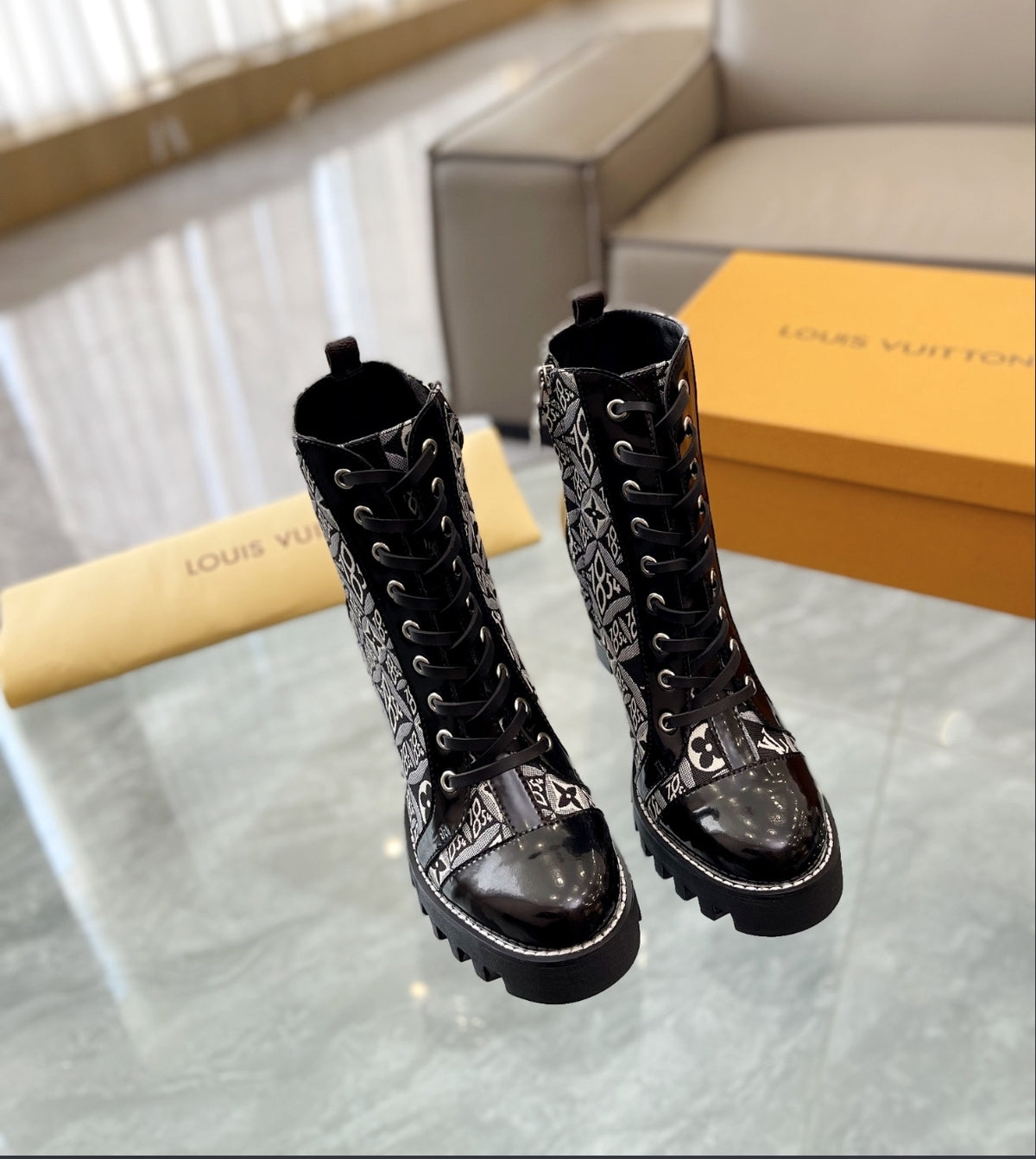 LOUIS VUITTON SINCE 1854 LACE-UP HEELED BOOTS – BLACK / GREY