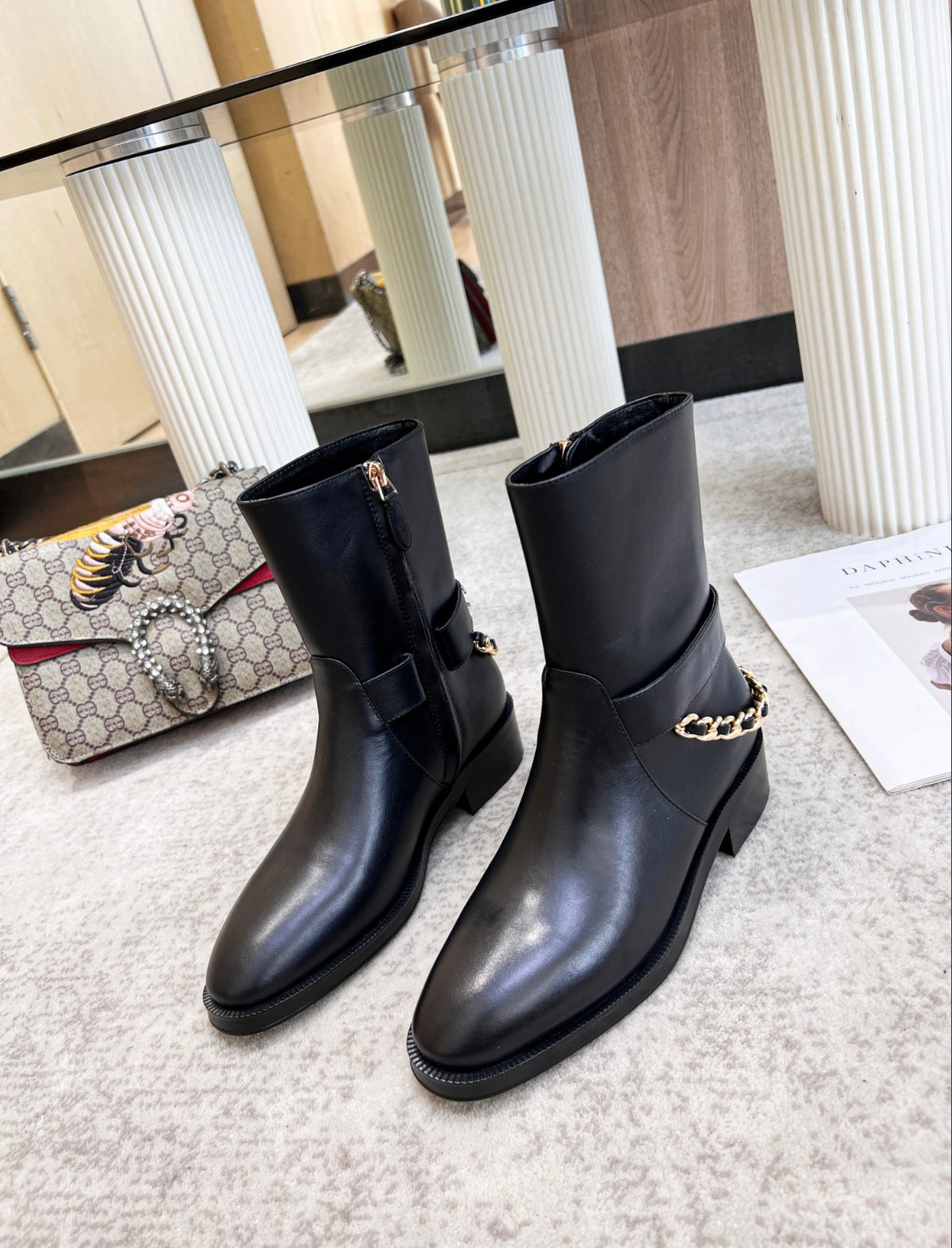 CHANEL CC CHAIN MID-CALF BOOTS – BLACK / GOLD