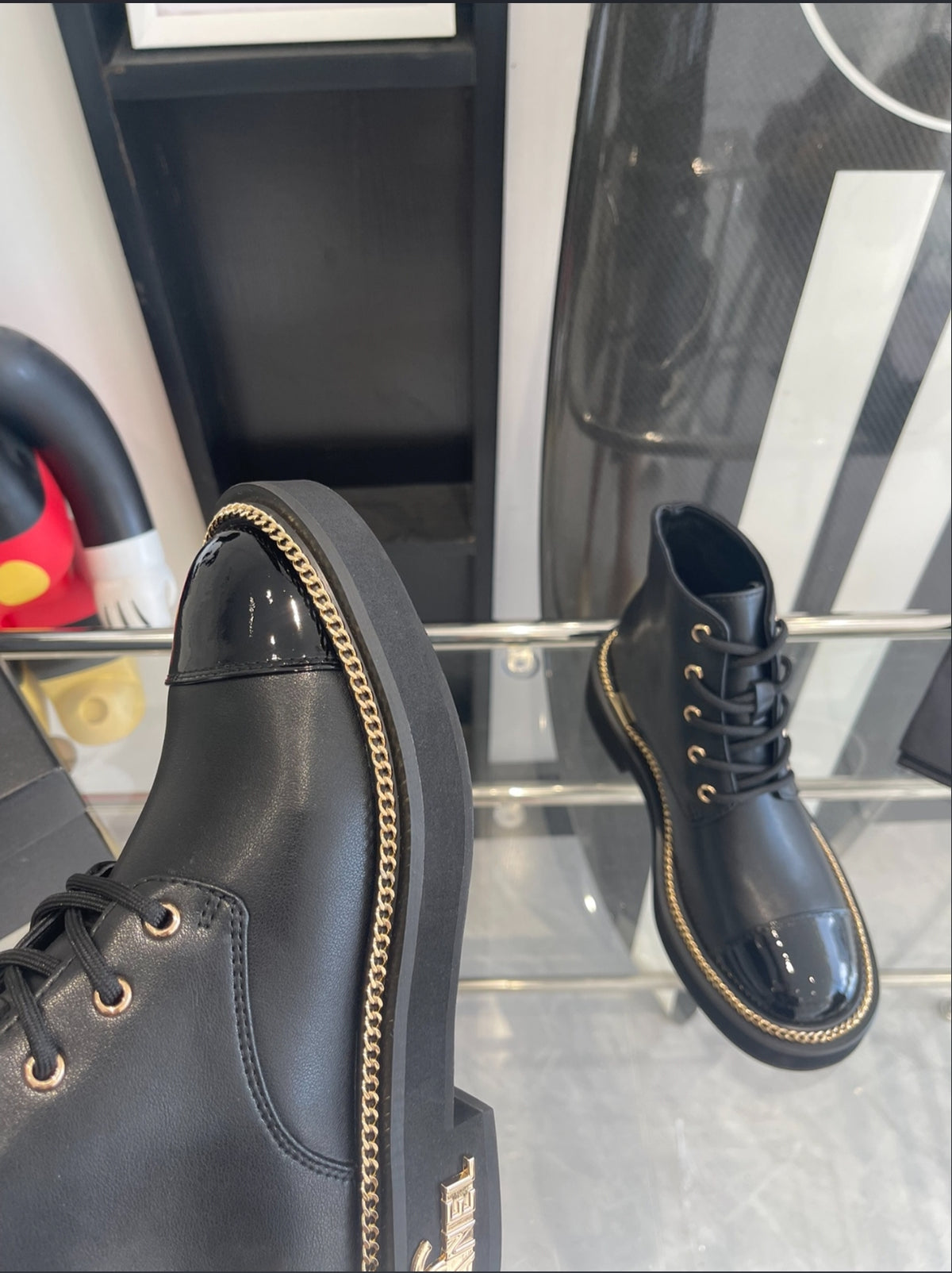 CHANEL CHAIN-TRIM LACE-UP ANKLE BOOTS – BLACK / GOLD