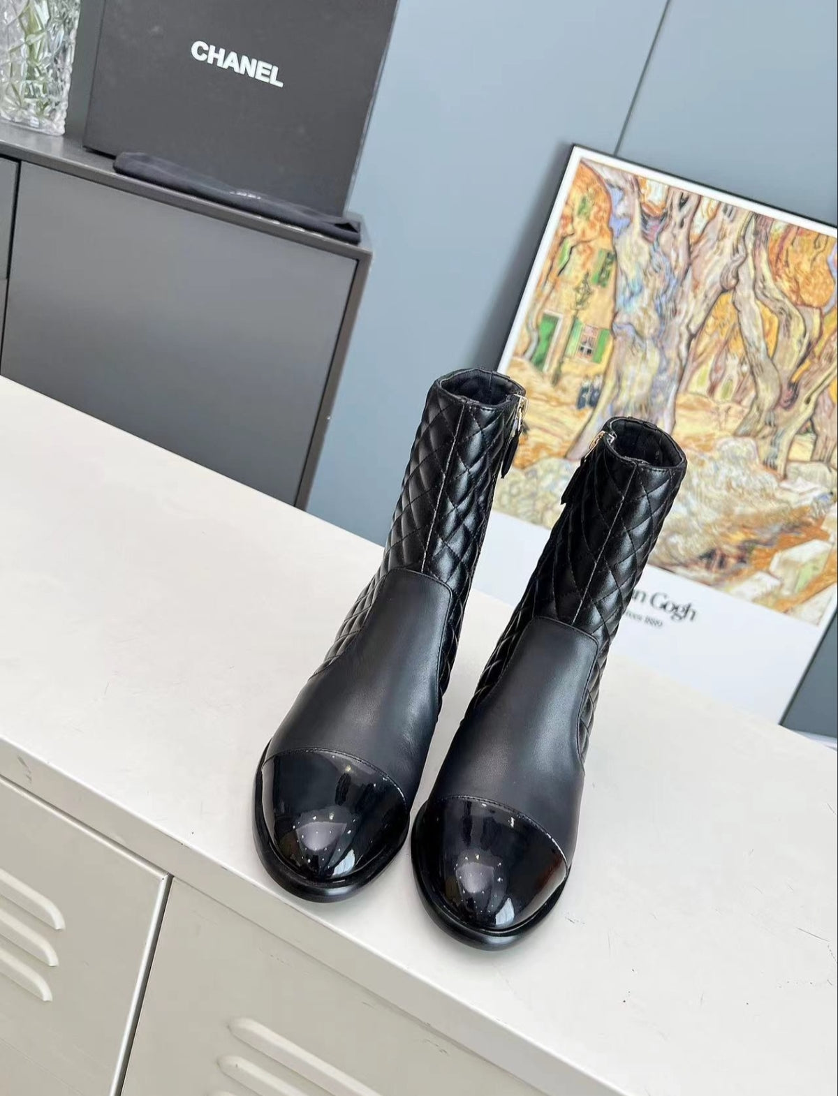 CHANEL QUILTED CAP-TOE MID-CALF BOOTS – BLACK