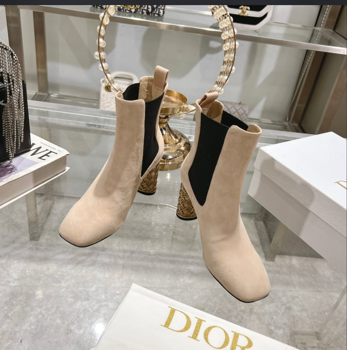 Dior Heeled Chelsea Ankle Boots – Beige Suede / Gold