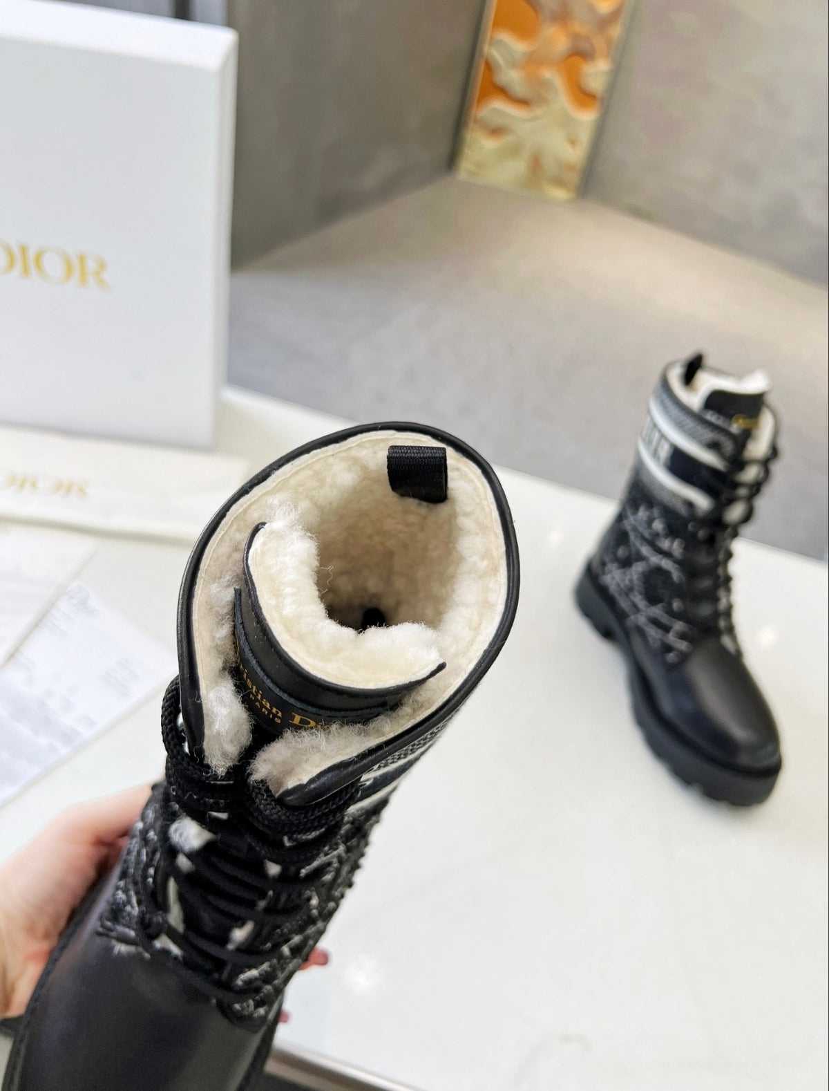 DIOR OBLIQUE LACE-UP COMBAT BOOTS – BLACK / BEIGE / GOLD