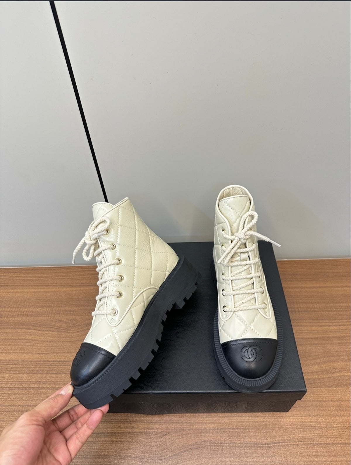 CHANEL QUILTED LACE-UP COMBAT BOOTS – IVORY / BLACK