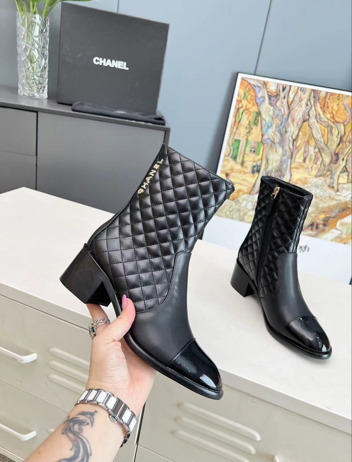 CHANEL QUILTED CAP-TOE MID-CALF BOOTS – BLACK