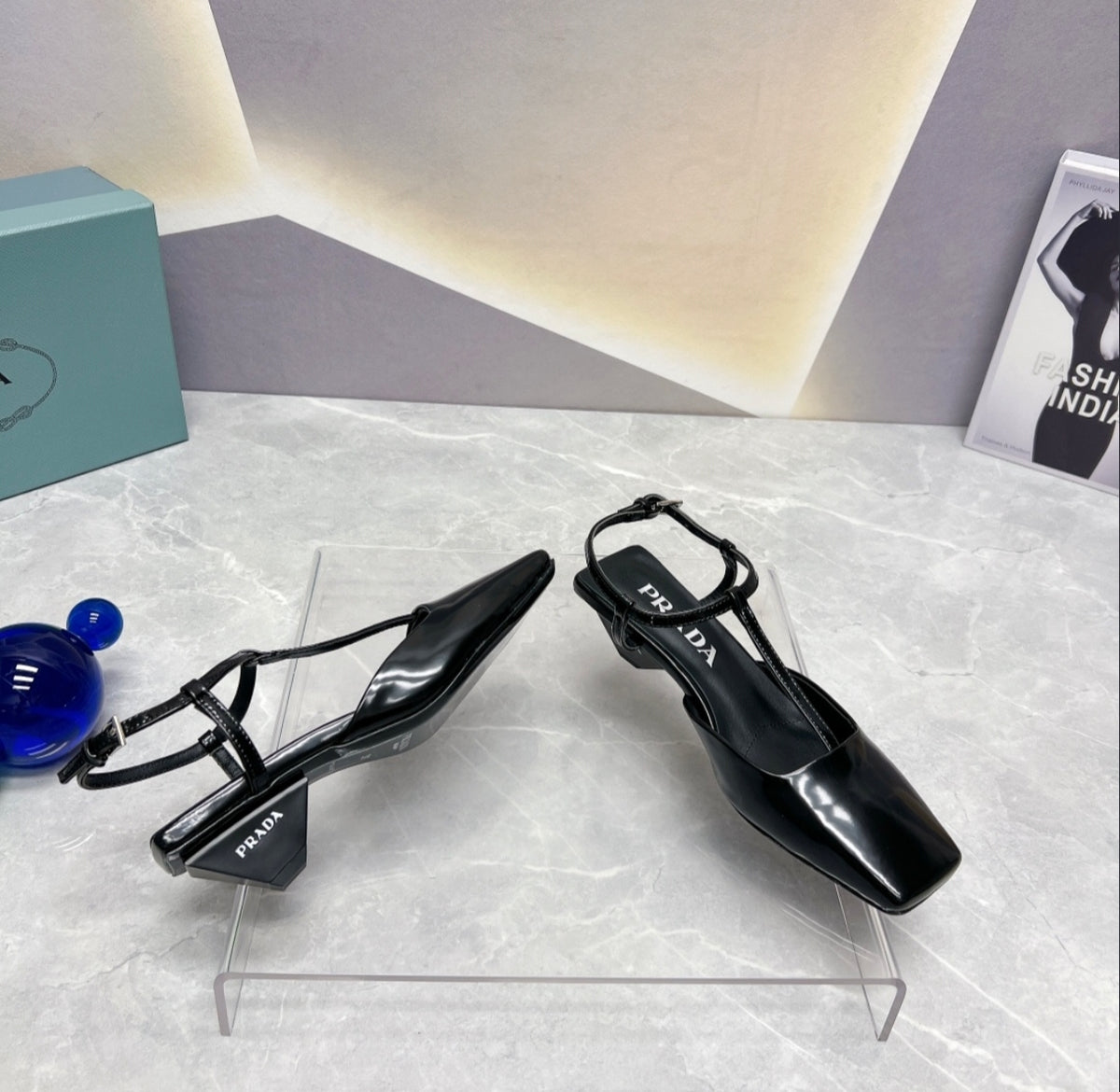 Prada Patent Square-Toe T-Strap Pumps