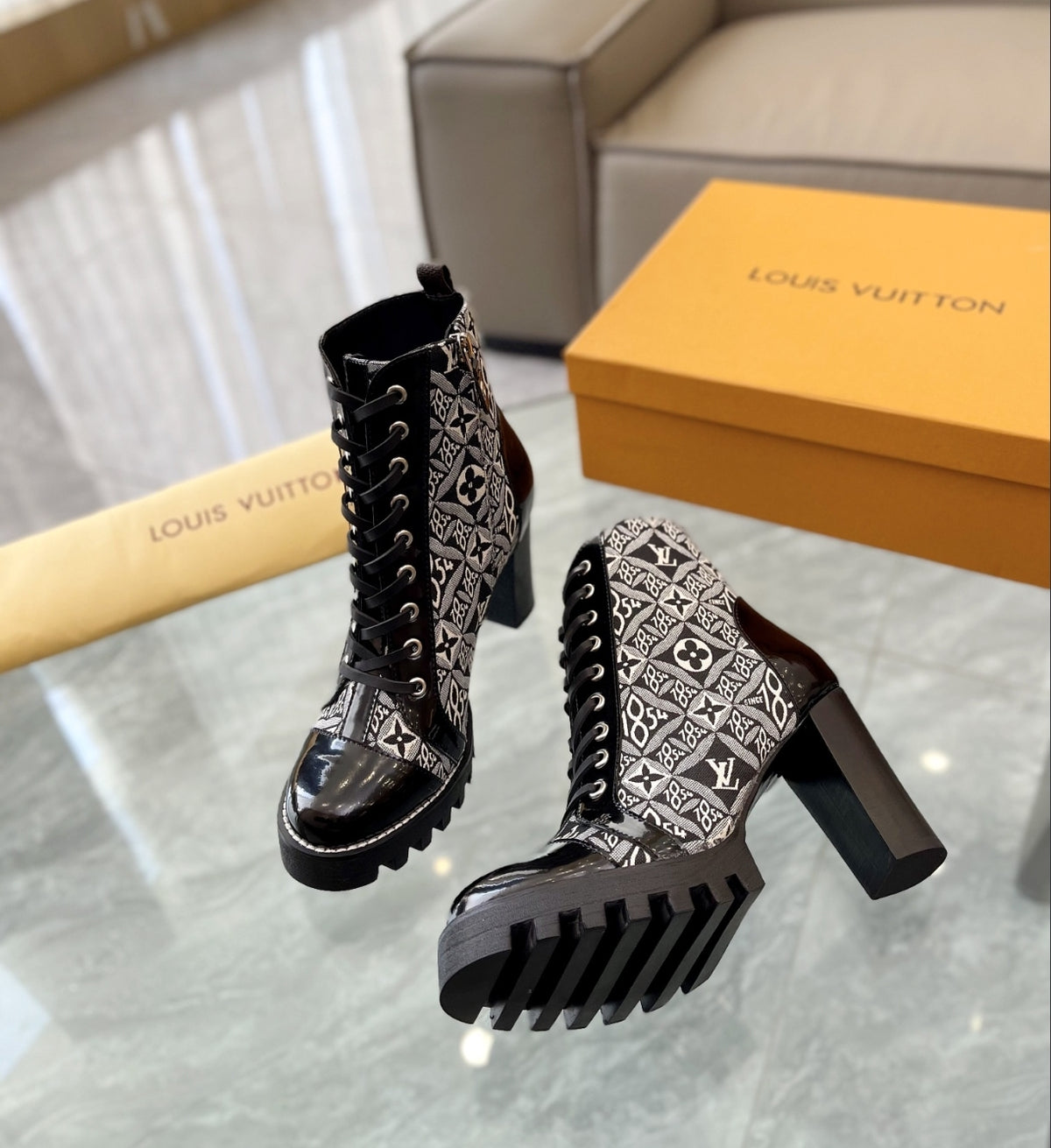 LOUIS VUITTON SINCE 1854 LACE-UP HEELED BOOTS – BLACK / GREY